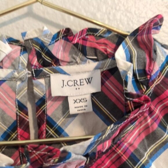 J Crew BM029 NWT Size XXS White Tartan Plaid Cotton-Blend Ruffle-Neck Top - Picture 2 of 9